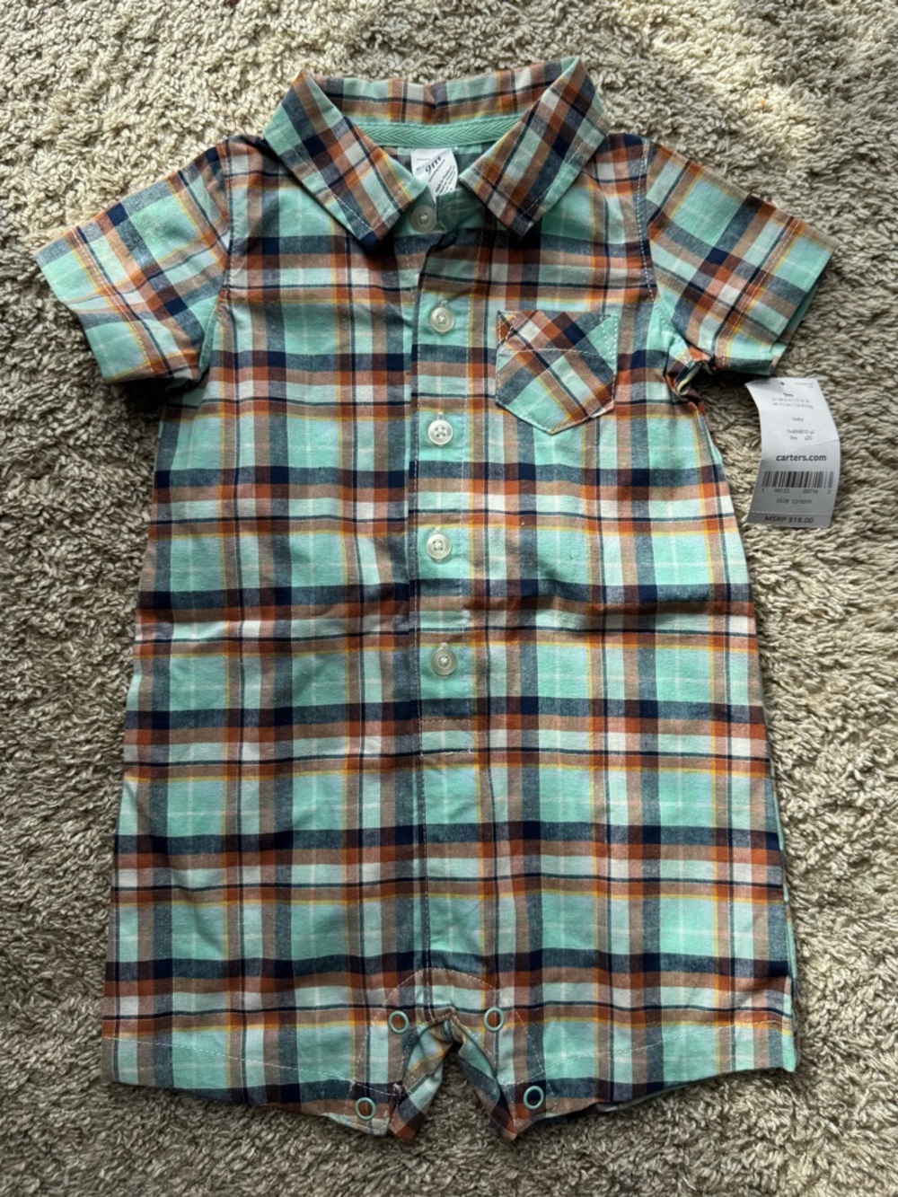 Carter’s 9M Baby Plaid Romper Button Front Short Sleeve NWT